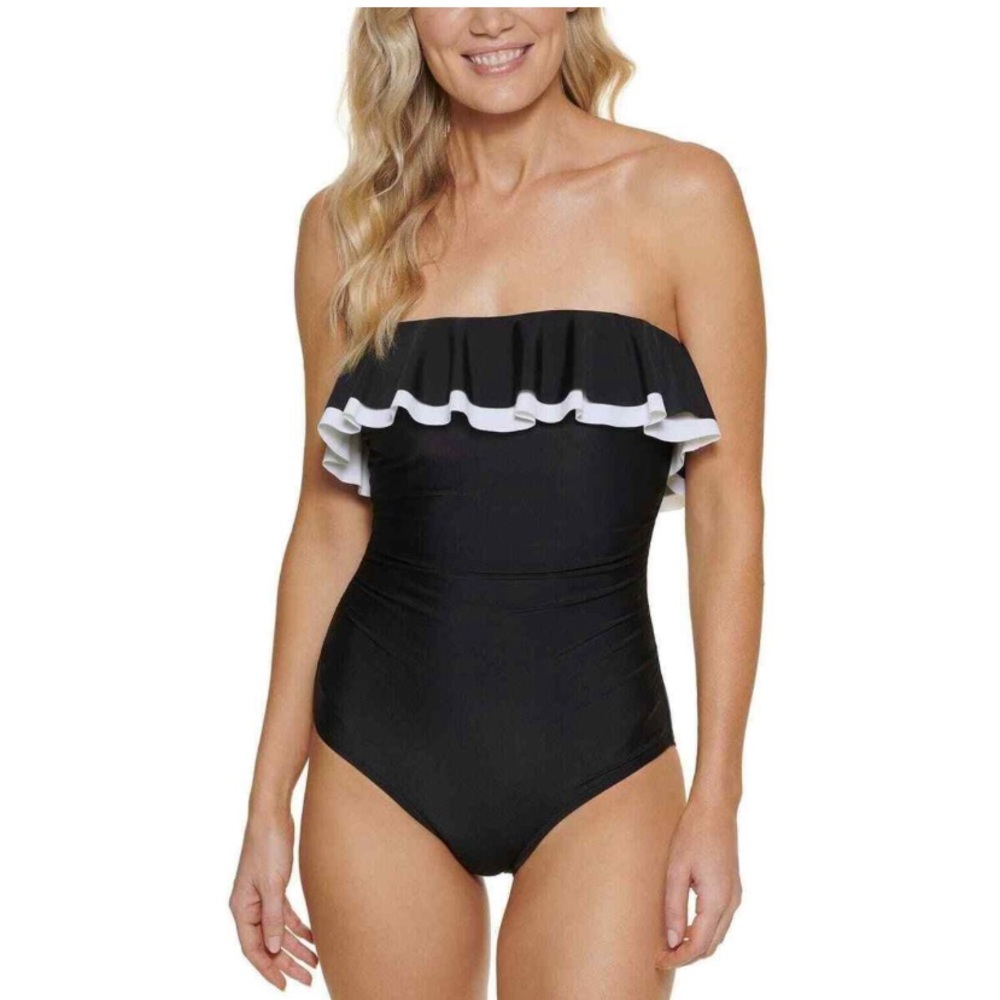 New Tommy Hilfiger Women's Bandeau One Piece Swimsuit_Navy&white_size 10